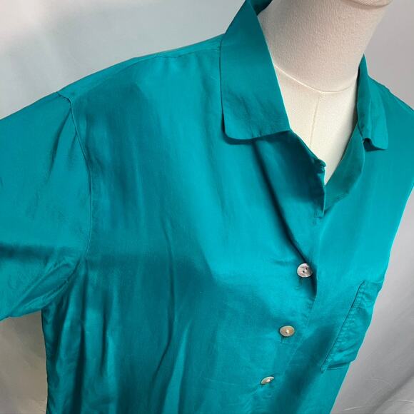 Vintage 80's Casual Corner 100% Silk Teal Button Up Short Sleeve blouse Womens M - Picture 6 of 16